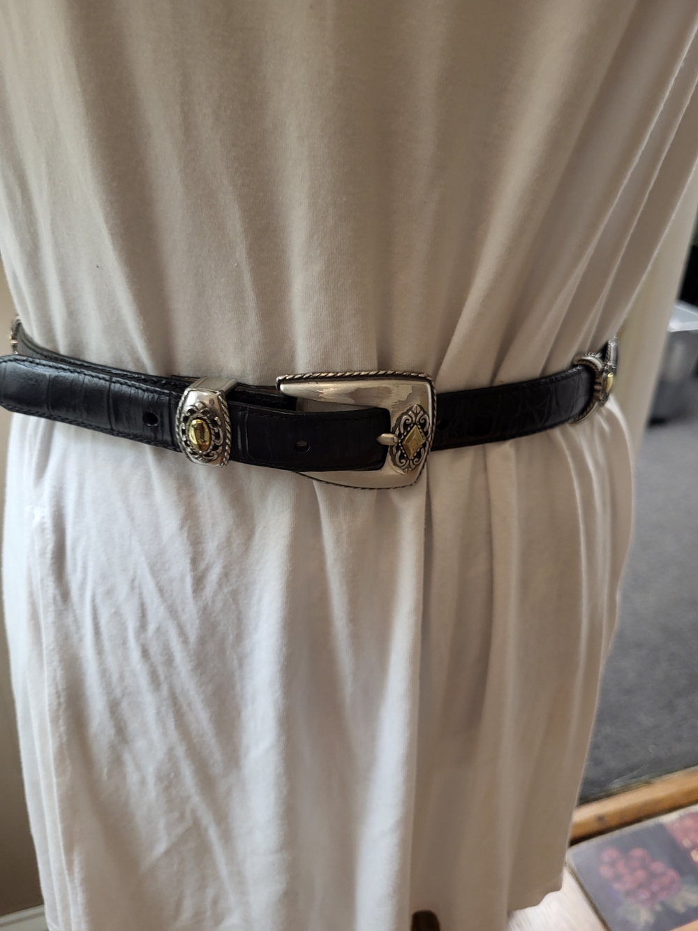 Brighton Black Leather Belt with Silver Buckle and Gold Accents, Size 32